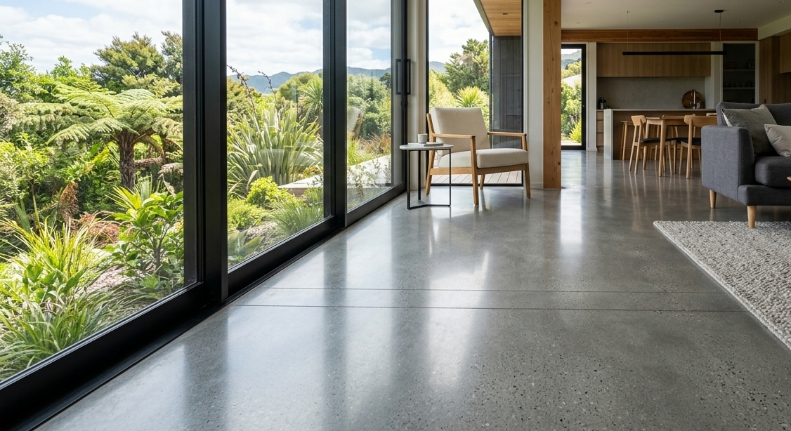 Polished Speckled Concrete Floor in Modern NZ Home Christchurch Concreters